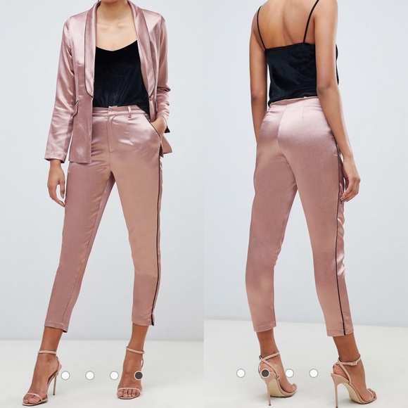 ASOS Little Mistress Satin Blazer Cigarette Pants Contrast Black Piping Copper - Picture 4 of 16